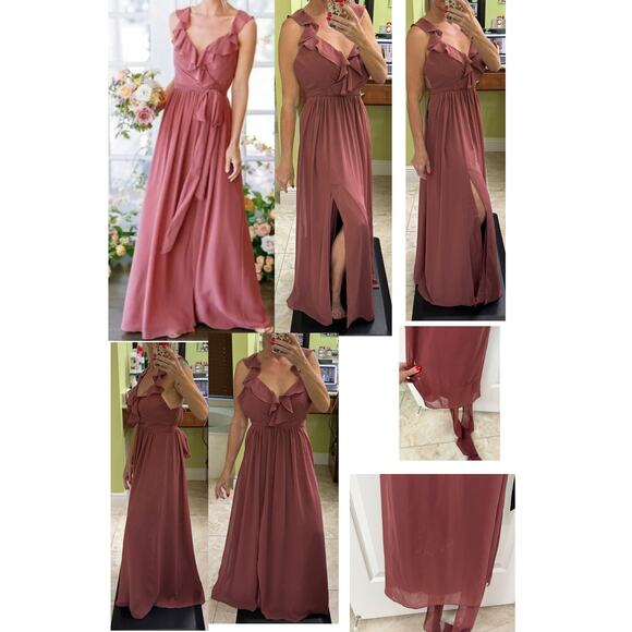 Revelry bridesmaid 2 mauve dusty rose maxi formal dress v neck chiffon flutter - Picture 11 of 11